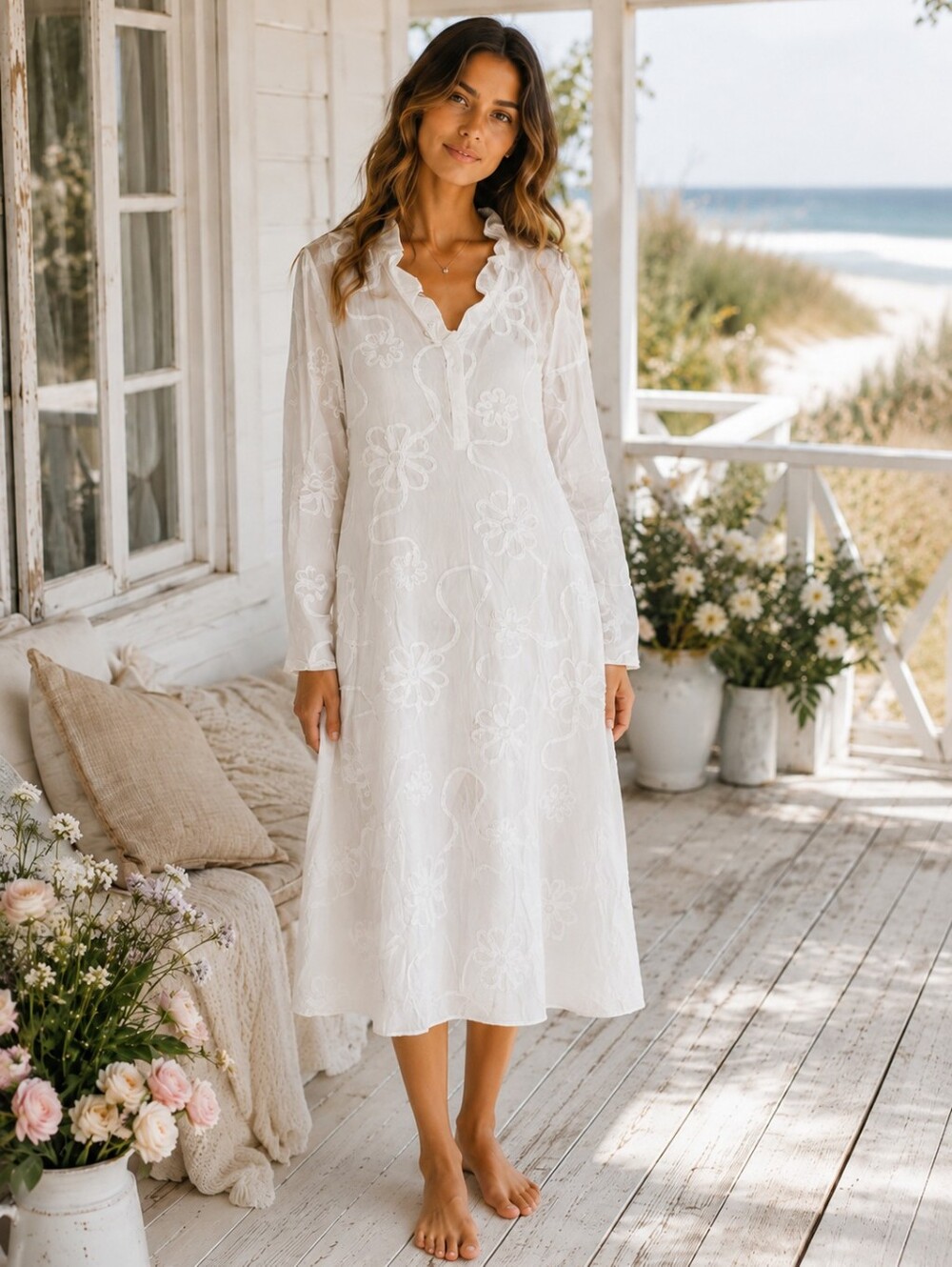 White Embroidered Tunic Dress Floral Cottagecore Coastal Beach Boho Sz M/L